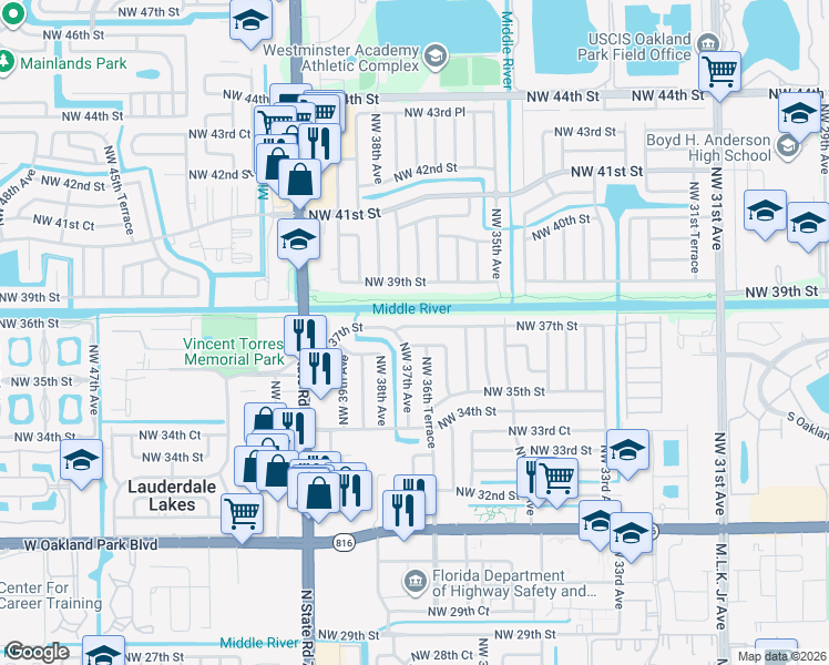 map of restaurants, bars, coffee shops, grocery stores, and more near 3660 Northwest 37th Street in Lauderdale Lakes