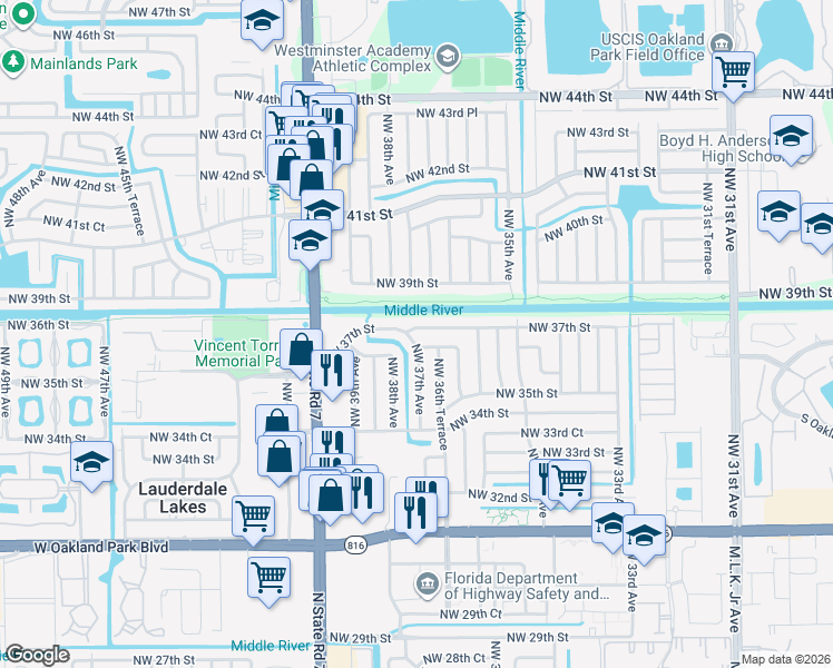 map of restaurants, bars, coffee shops, grocery stores, and more near 3660 Northwest 37th Street in Lauderdale Lakes