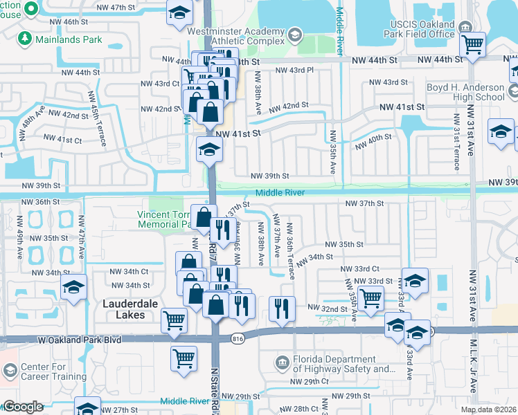 map of restaurants, bars, coffee shops, grocery stores, and more near 3756 Northwest 37th Street in Lauderdale Lakes