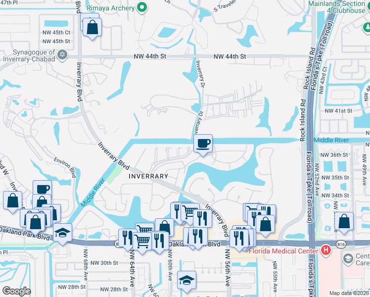 map of restaurants, bars, coffee shops, grocery stores, and more near 3601 Inverrary Drive in Lauderhill