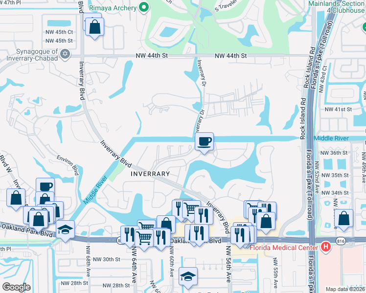 map of restaurants, bars, coffee shops, grocery stores, and more near 3601 Inverrary Drive in Lauderhill