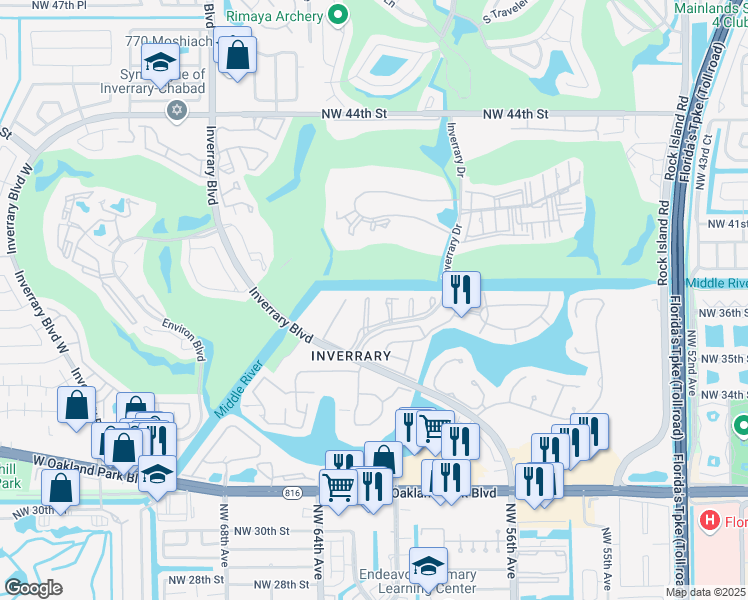 map of restaurants, bars, coffee shops, grocery stores, and more near 3521 Inverrary Drive in Lauderhill