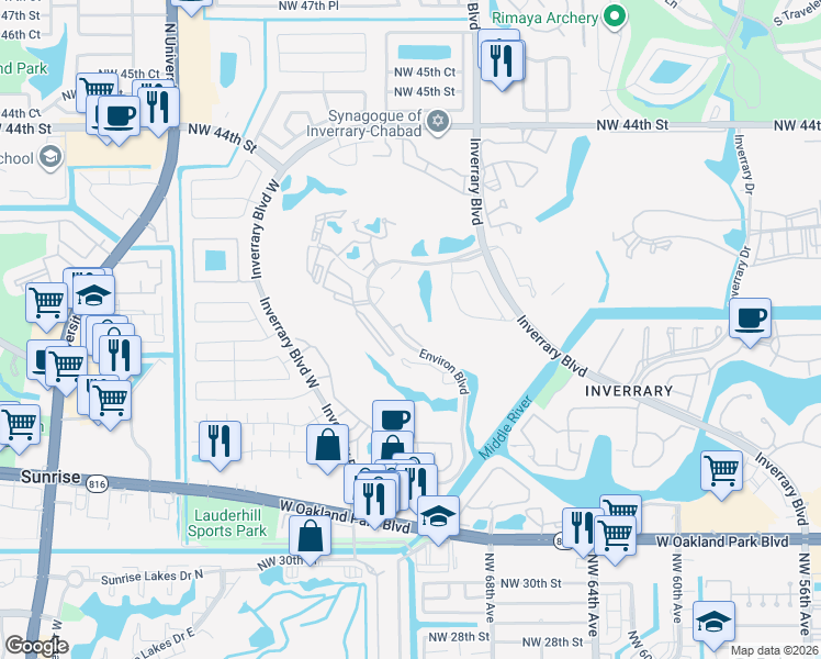 map of restaurants, bars, coffee shops, grocery stores, and more near 3650 Environ Boulevard in Lauderhill