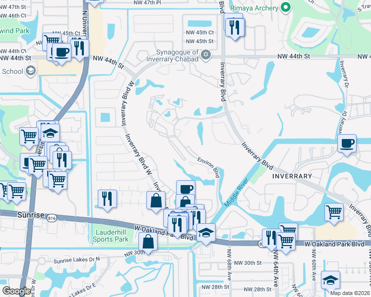 map of restaurants, bars, coffee shops, grocery stores, and more near 3650 Environ Boulevard in Lauderhill