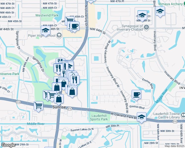 map of restaurants, bars, coffee shops, grocery stores, and more near 3880 Northwest 76th Terrace in Sunrise