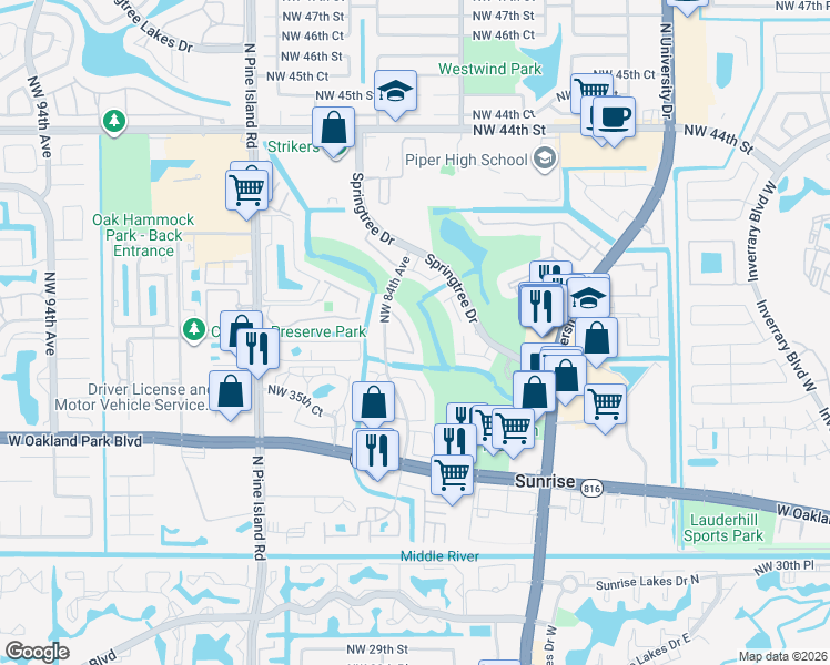 map of restaurants, bars, coffee shops, grocery stores, and more near 8336 Northwest 37th Place in Sunrise