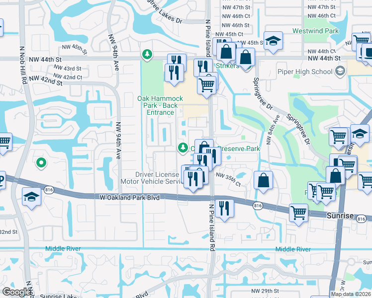 map of restaurants, bars, coffee shops, grocery stores, and more near 3800 Northwest 90th Avenue in Sunrise