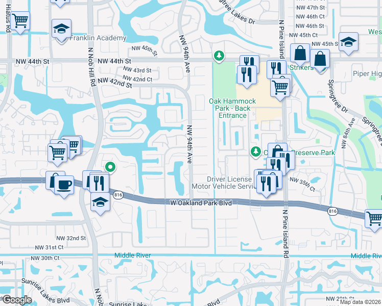 map of restaurants, bars, coffee shops, grocery stores, and more near 9381 Northwest 37th Court in Sunrise