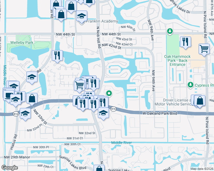 map of restaurants, bars, coffee shops, grocery stores, and more near 3639 Northwest 99th Terrace in Sunrise