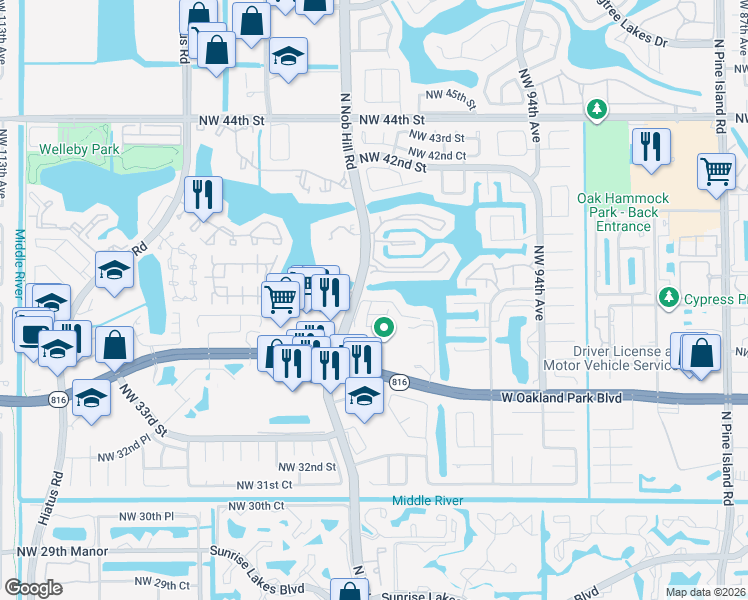 map of restaurants, bars, coffee shops, grocery stores, and more near 3639 Northwest 99th Terrace in Sunrise
