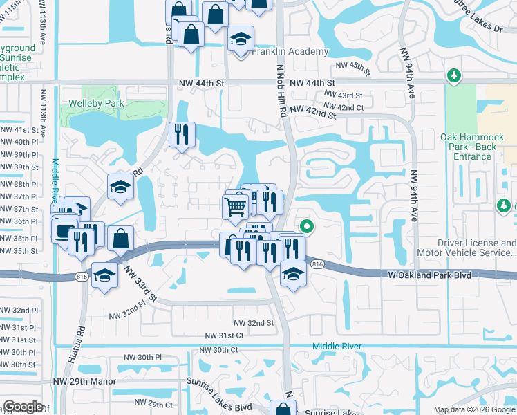 map of restaurants, bars, coffee shops, grocery stores, and more near 10006 Winding Lake Road in Sunrise