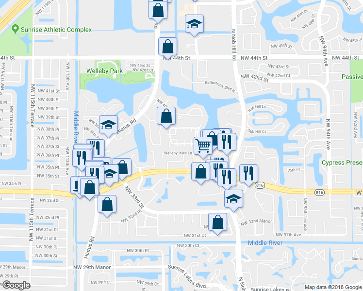 map of restaurants, bars, coffee shops, grocery stores, and more near 156 Winding Lake Road in Sunrise