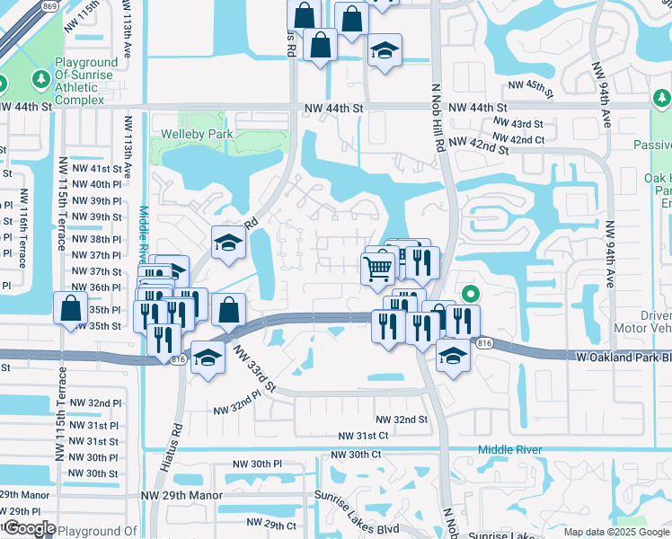 map of restaurants, bars, coffee shops, grocery stores, and more near 156 Winding Lake Road in Sunrise