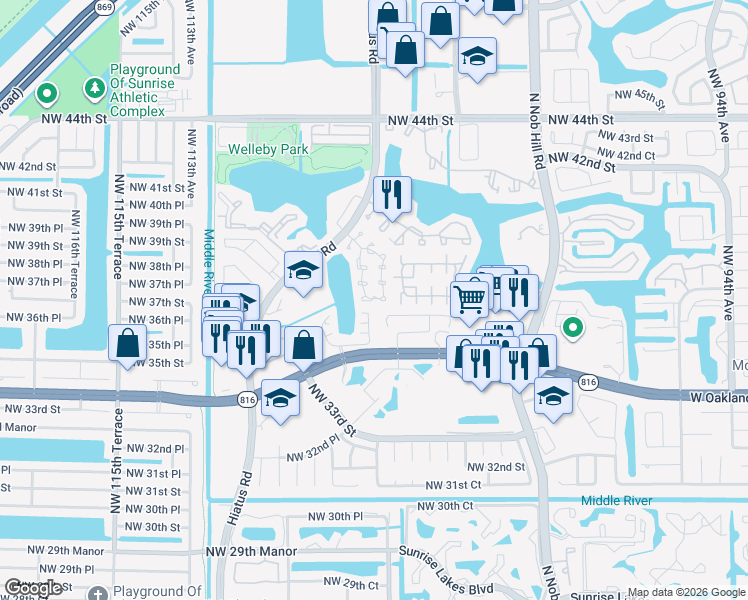 map of restaurants, bars, coffee shops, grocery stores, and more near 10716 Northwest 107th Terrace in Sunrise