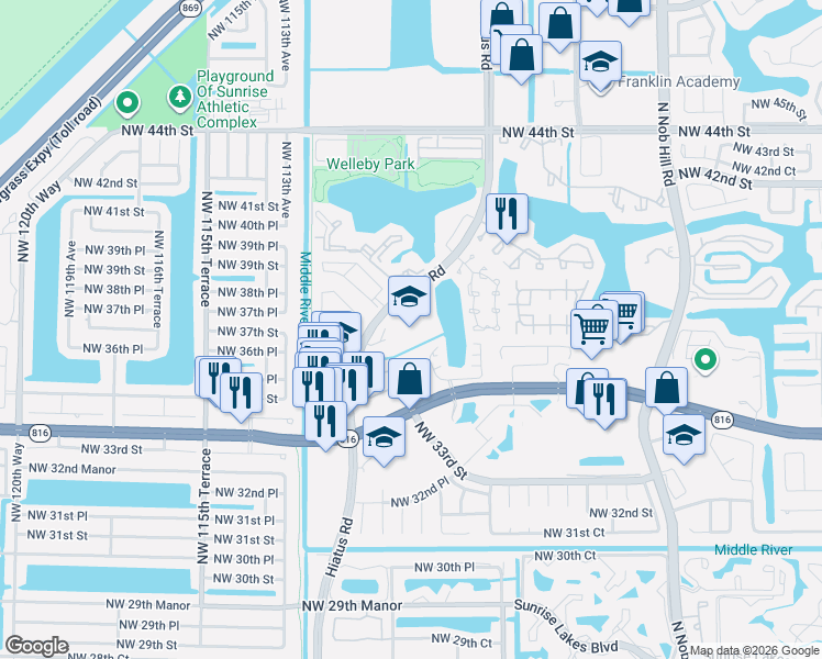 map of restaurants, bars, coffee shops, grocery stores, and more near 3700 Hiatus Road in Sunrise