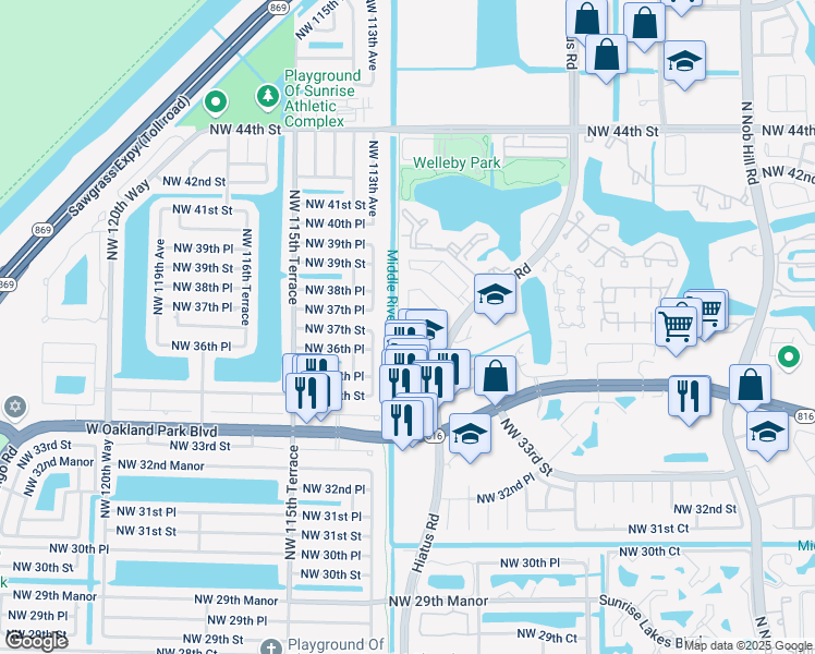 map of restaurants, bars, coffee shops, grocery stores, and more near 3541 Northwest 111th Terrace in Sunrise
