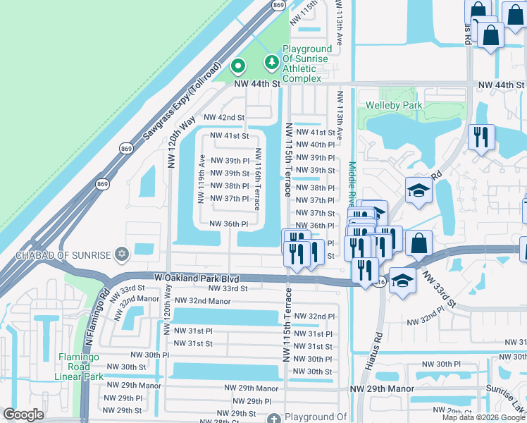 map of restaurants, bars, coffee shops, grocery stores, and more near 11650 Northwest 37th Street in Sunrise
