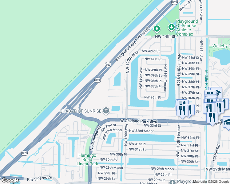 map of restaurants, bars, coffee shops, grocery stores, and more near 12240 Northwest 36th Place in Sunrise