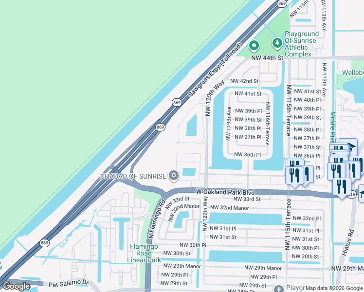 map of restaurants, bars, coffee shops, grocery stores, and more near 12240 Northwest 36th Place in Sunrise