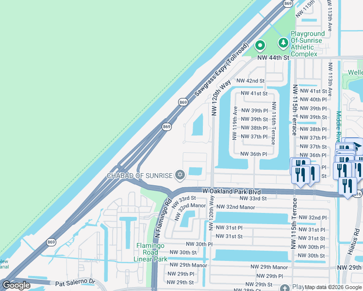 map of restaurants, bars, coffee shops, grocery stores, and more near 12240 Northwest 36th Place in Sunrise