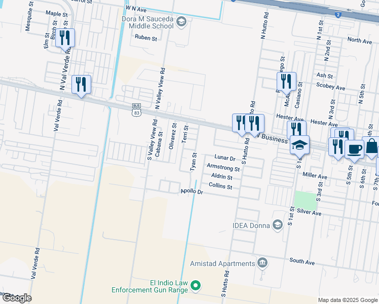 map of restaurants, bars, coffee shops, grocery stores, and more near 408 Travis Court in Donna