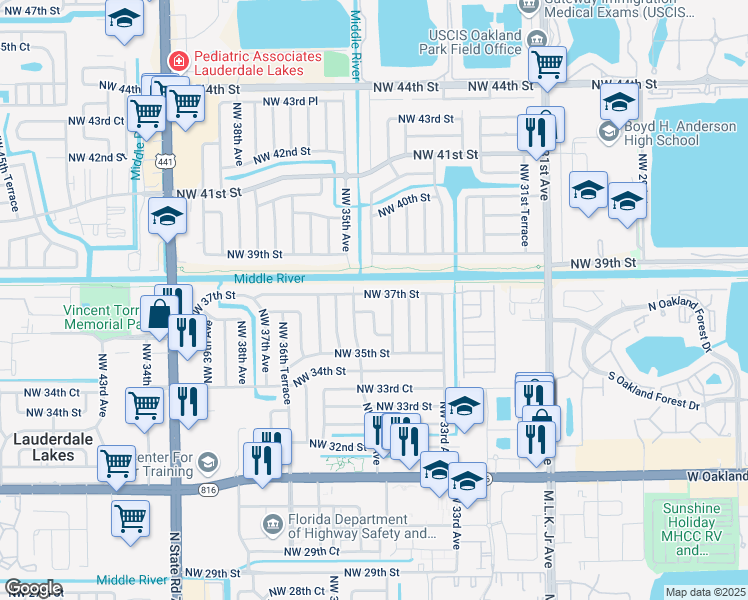 map of restaurants, bars, coffee shops, grocery stores, and more near 3470 Northwest 37th Street in Lauderdale Lakes