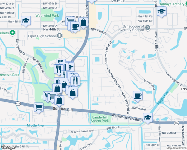 map of restaurants, bars, coffee shops, grocery stores, and more near 3880 Northwest 76th Terrace in Sunrise
