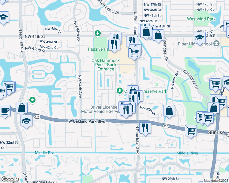 map of restaurants, bars, coffee shops, grocery stores, and more near 9010 Northwest 38th Place in Sunrise