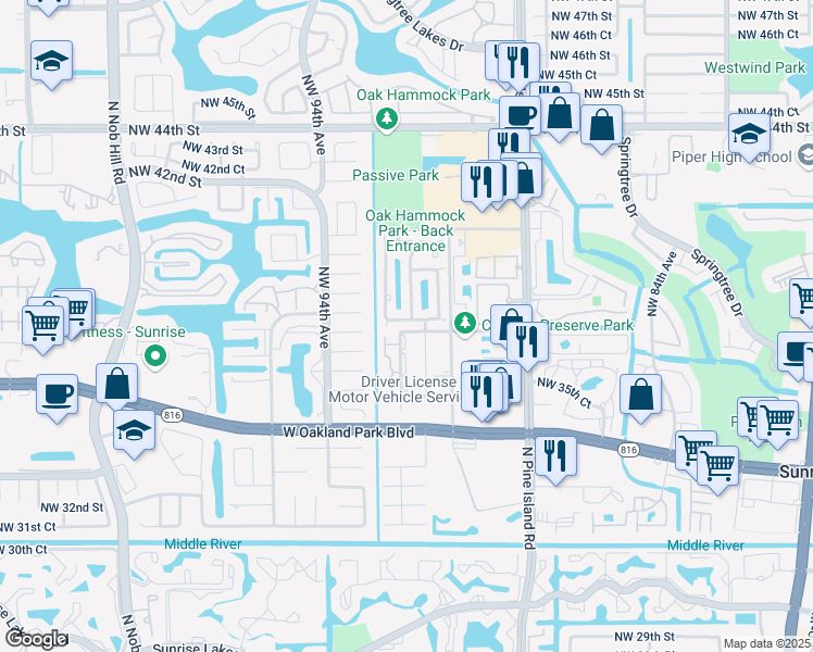 map of restaurants, bars, coffee shops, grocery stores, and more near 9148 Northwest 38th Place in Sunrise