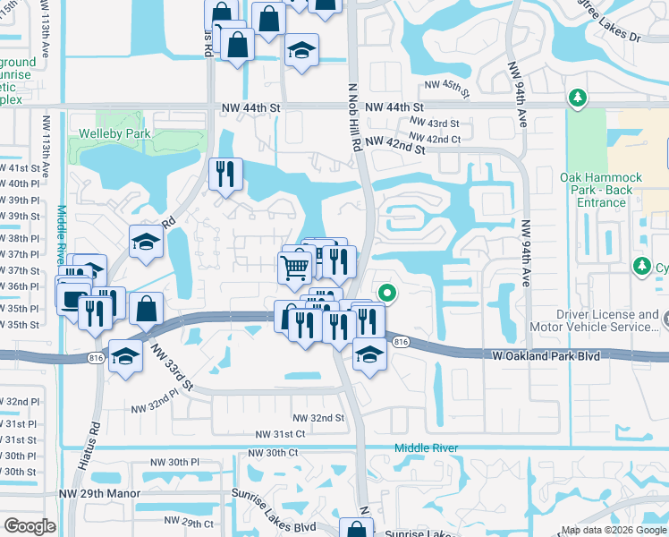 map of restaurants, bars, coffee shops, grocery stores, and more near 10001 Winding Lake Road in Sunrise
