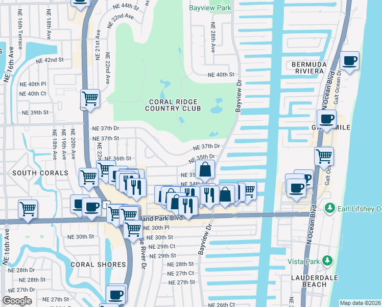 map of restaurants, bars, coffee shops, grocery stores, and more near 2732 Northeast 37th Drive in Fort Lauderdale