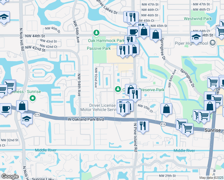 map of restaurants, bars, coffee shops, grocery stores, and more near 9010 Northwest 38th Place in Sunrise