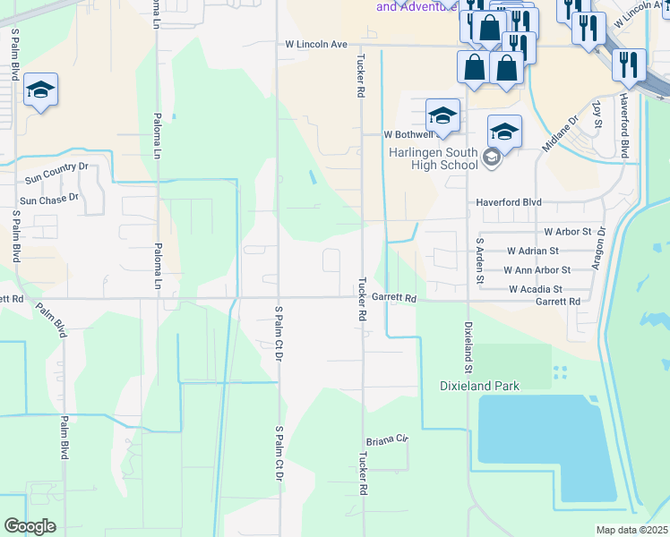 map of restaurants, bars, coffee shops, grocery stores, and more near 2221 East Gartuck Circle in Harlingen