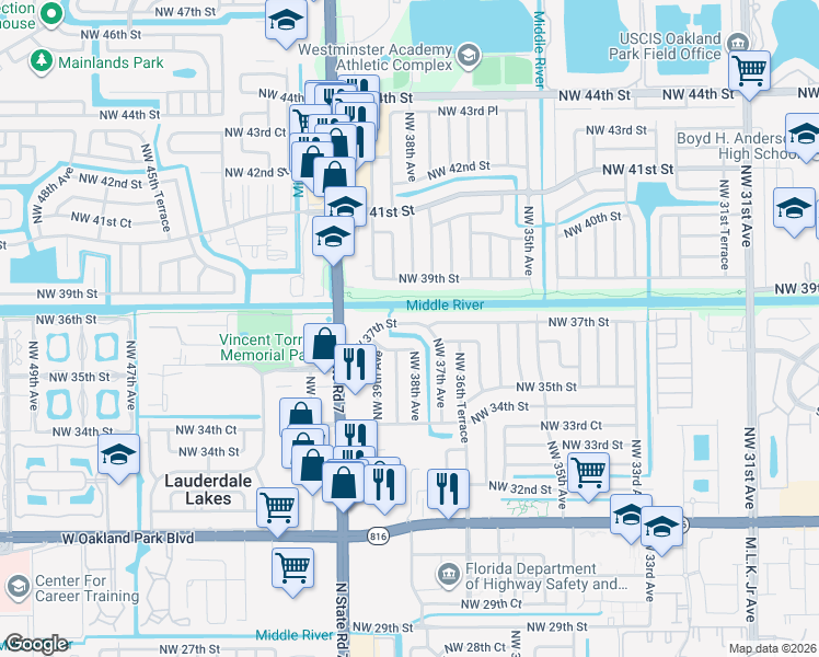 map of restaurants, bars, coffee shops, grocery stores, and more near 3756 Northwest 37th Street in Lauderdale Lakes