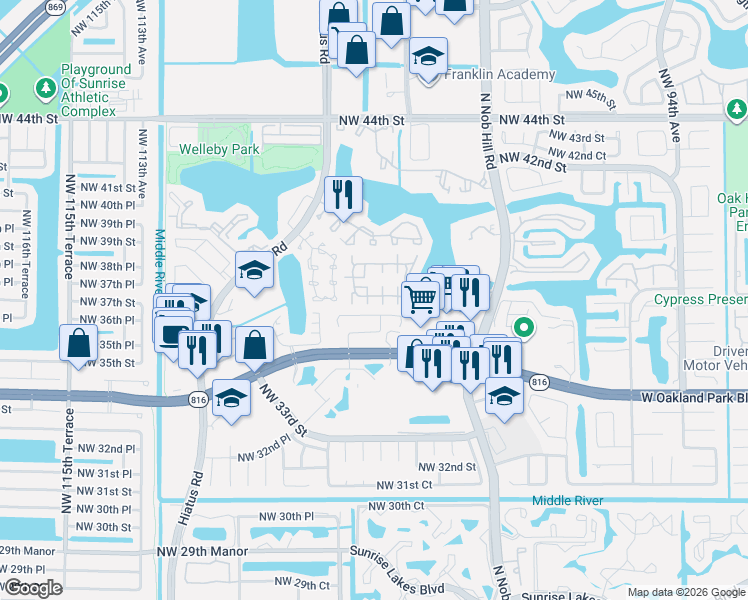 map of restaurants, bars, coffee shops, grocery stores, and more near 156 Winding Lake Road in Sunrise