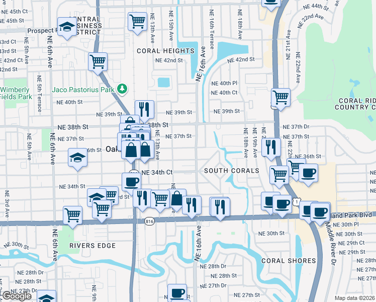 map of restaurants, bars, coffee shops, grocery stores, and more near 1574 Northeast 36th Street in Oakland Park