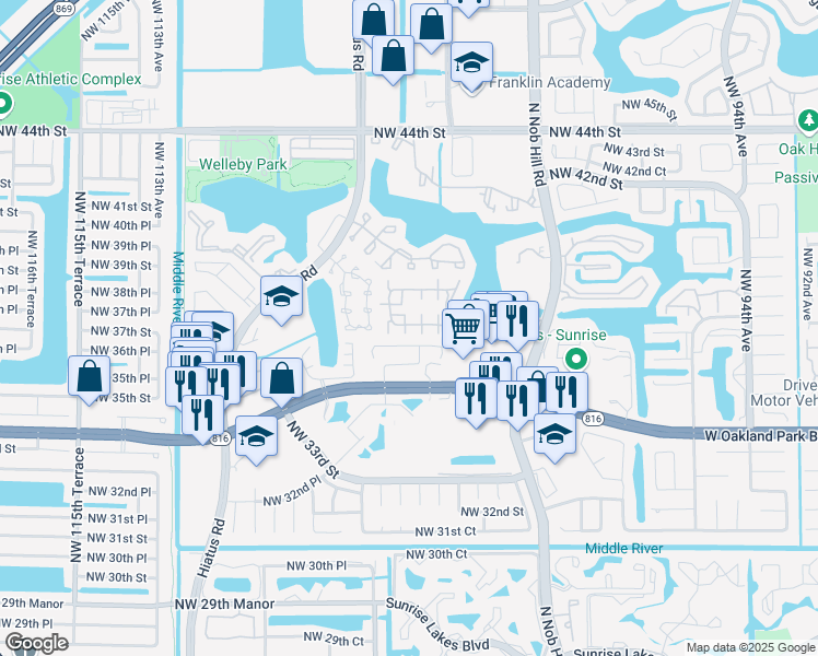map of restaurants, bars, coffee shops, grocery stores, and more near 156 Winding Lake Road in Sunrise
