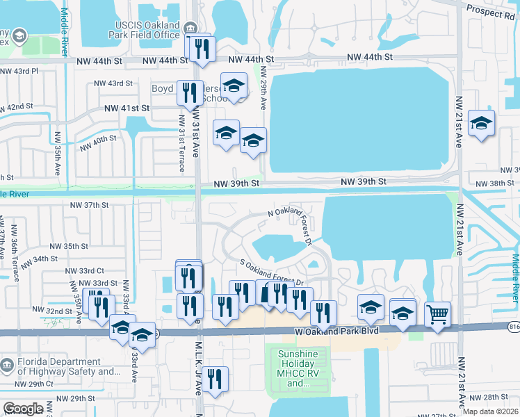 map of restaurants, bars, coffee shops, grocery stores, and more near 3005 North Oakland Forest Drive in Oakland Park