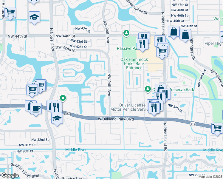map of restaurants, bars, coffee shops, grocery stores, and more near 9381 Northwest 37th Court in Sunrise