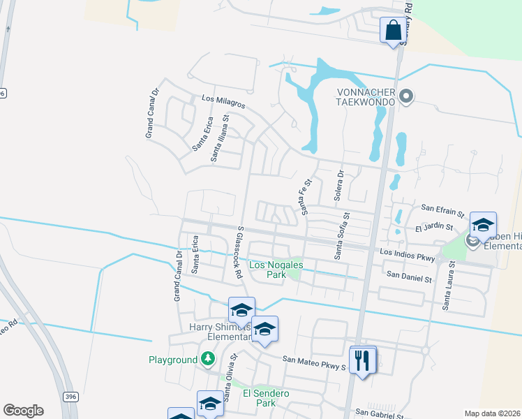 map of restaurants, bars, coffee shops, grocery stores, and more near 3103 Santa Olivia Street in Mission