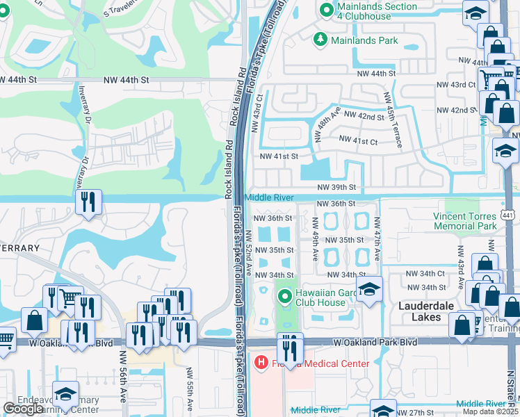 map of restaurants, bars, coffee shops, grocery stores, and more near 5075 Northwest 36th Street in Lauderdale Lakes