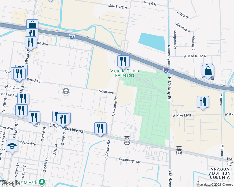 map of restaurants, bars, coffee shops, grocery stores, and more near 2901 Wood Avenue in Donna