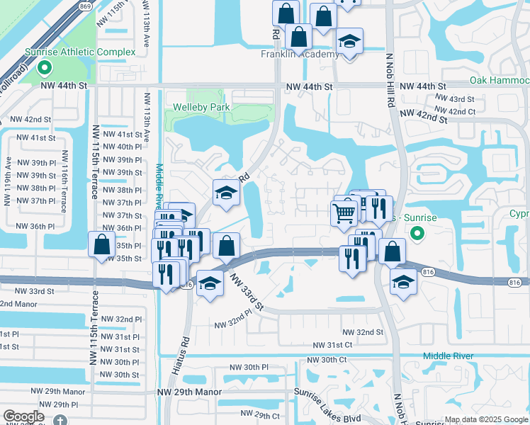 map of restaurants, bars, coffee shops, grocery stores, and more near 3705 Northwest 107th Way in Sunrise