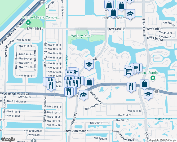 map of restaurants, bars, coffee shops, grocery stores, and more near 3700 Hiatus Road in Sunrise