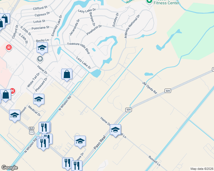 map of restaurants, bars, coffee shops, grocery stores, and more near 3598 Treasure Hills Boulevard in Harlingen