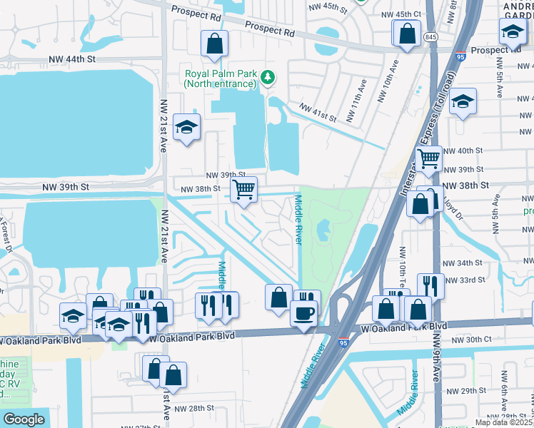 map of restaurants, bars, coffee shops, grocery stores, and more near 117 Royal Park Drive in Oakland Park