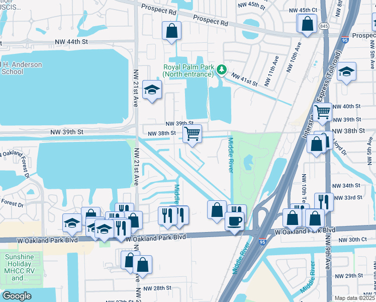 map of restaurants, bars, coffee shops, grocery stores, and more near 3665 Northwest 17th Way in Oakland Park