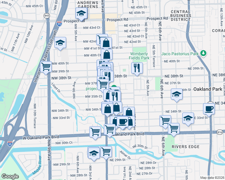 map of restaurants, bars, coffee shops, grocery stores, and more near 80 Northeast 36th Court in Oakland Park