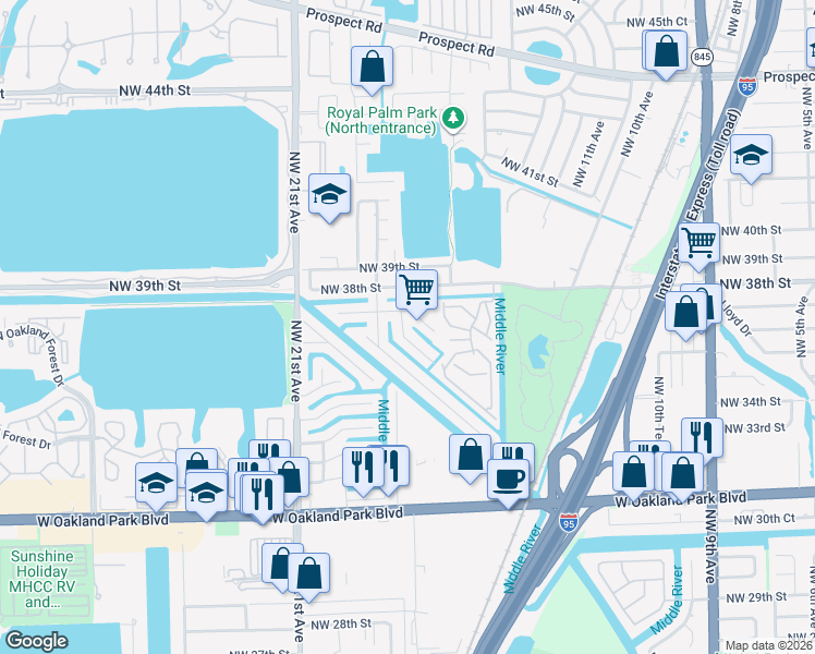 map of restaurants, bars, coffee shops, grocery stores, and more near 3665 Northwest 17th Way in Oakland Park