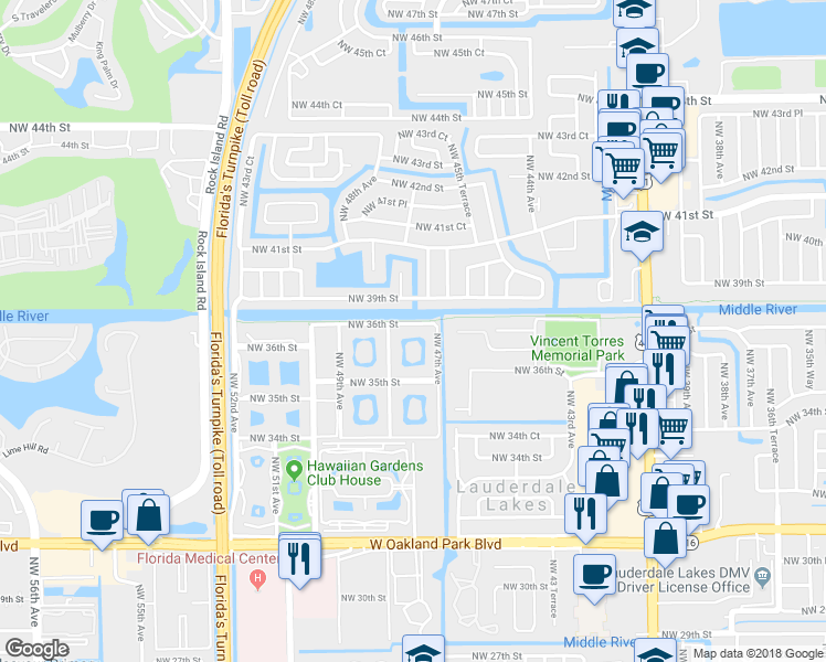 map of restaurants, bars, coffee shops, grocery stores, and more near 5075 Northwest 36th Street in Lauderdale Lakes